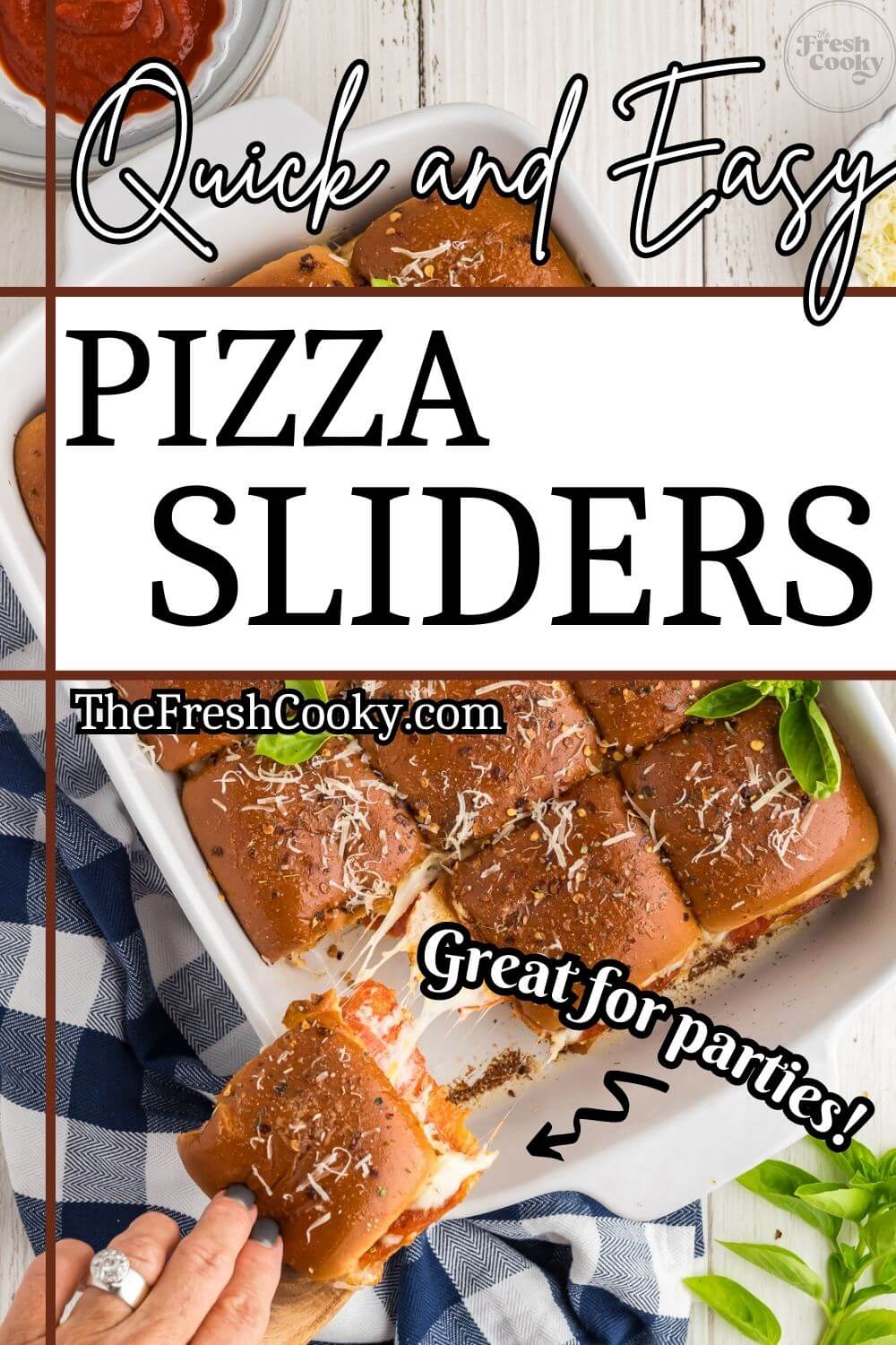Quick and Easy Pizza Sliders with hand taking a pizza slider off the casserole. 
