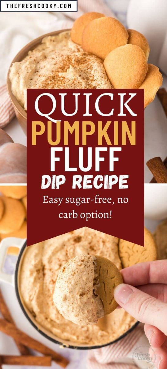 Vanilla wafers sitting in the pumpkin fluff dip and bottom image shows someone dipping a cookie into the pumpkin fluff to eat, to pin.