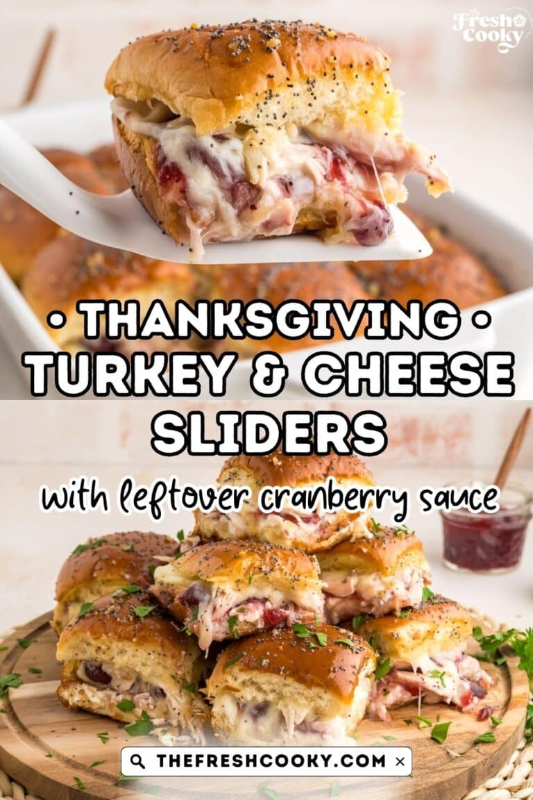 Turkey slider on a serving spatula, with gooey cheese melting out, and a stack on a platter, for pinning.