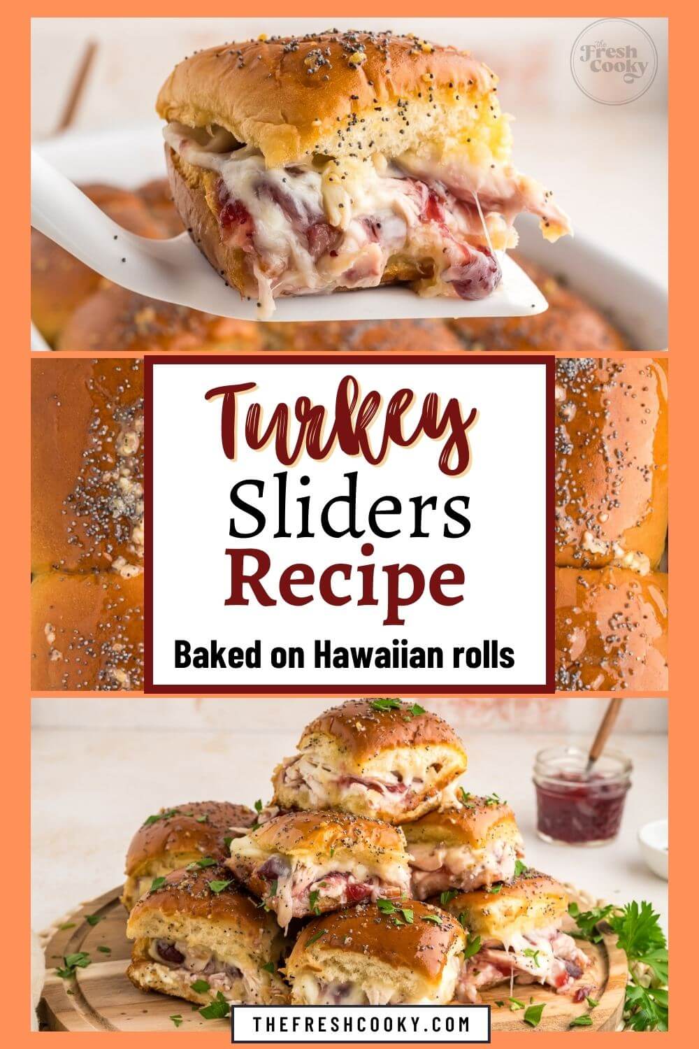 Collage with turkey slider on a Hawaiian roll lifted up on a spatula and also an image with a pile of turkey slider sandwiches, to pin.