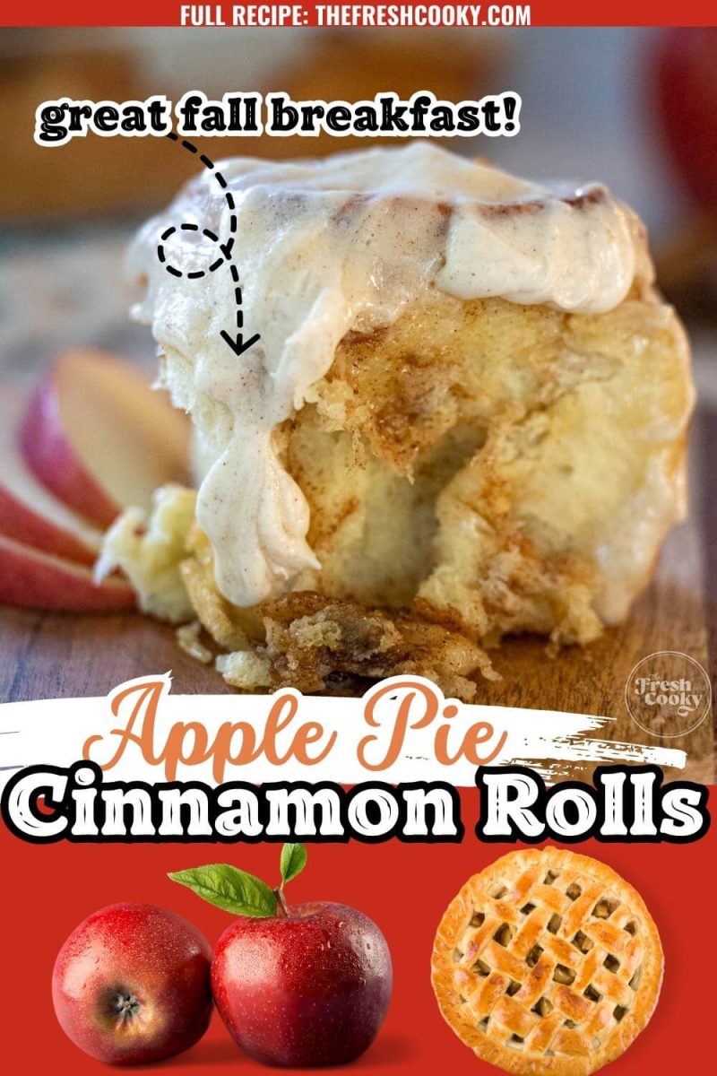 Close up of apple pie cinnamon rolls, to pin.