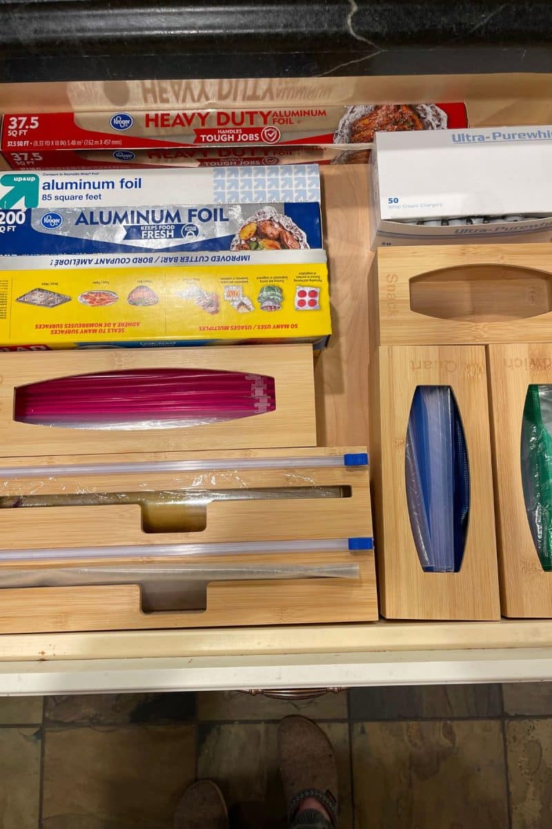 All nice and tidy baggie and plastic wrap drawer in bamboo organizers.