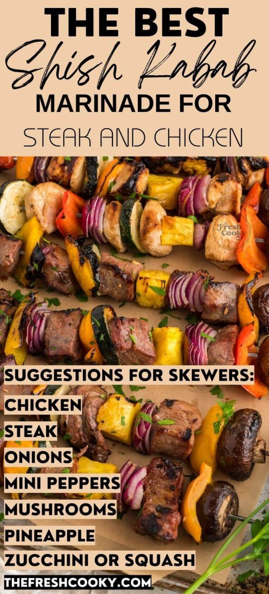 Skewered shish kebabs with grilled chicken and steak and vegetables on a sheet pan, to pin.