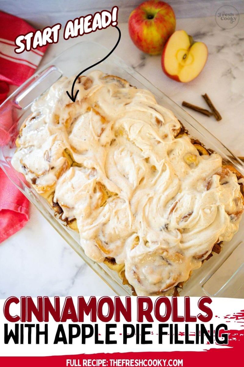 Pan of baked cinnamon rolls with apple pie filling, to pin.