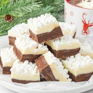 Condensed milk fudge recipe squares in a pile next to holiday decor.