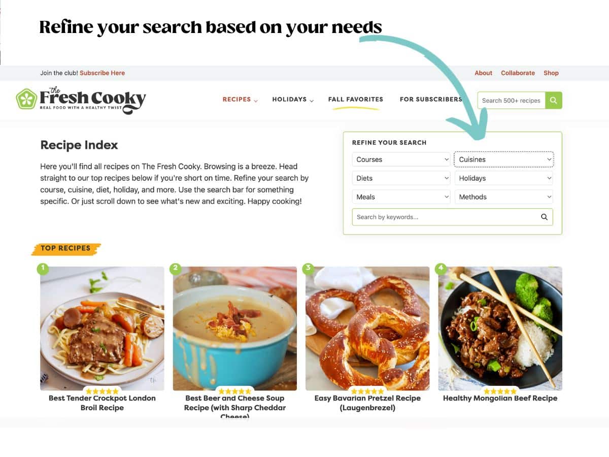 New recipe index with all kinds of ways to search for recipe.