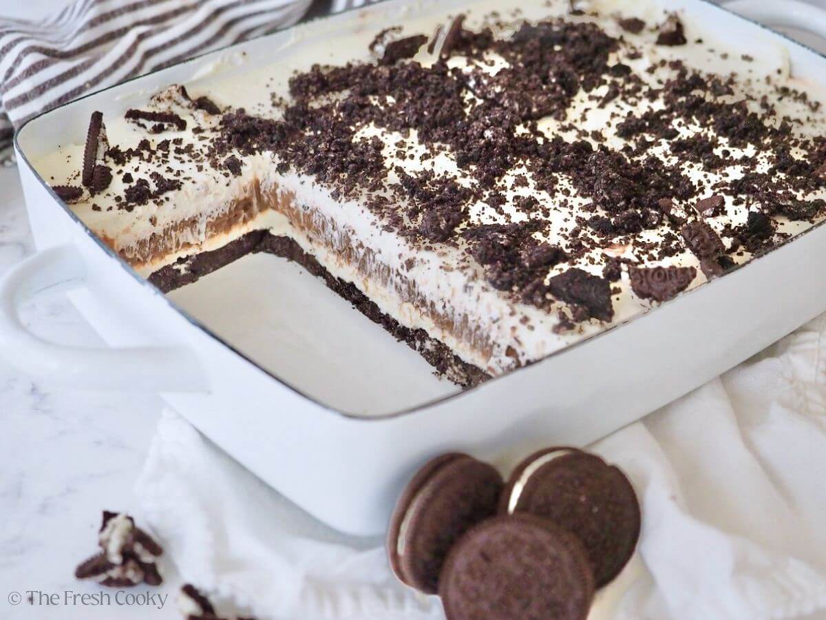 Oreo Dessert with no cool Whip in pan Horizontal .