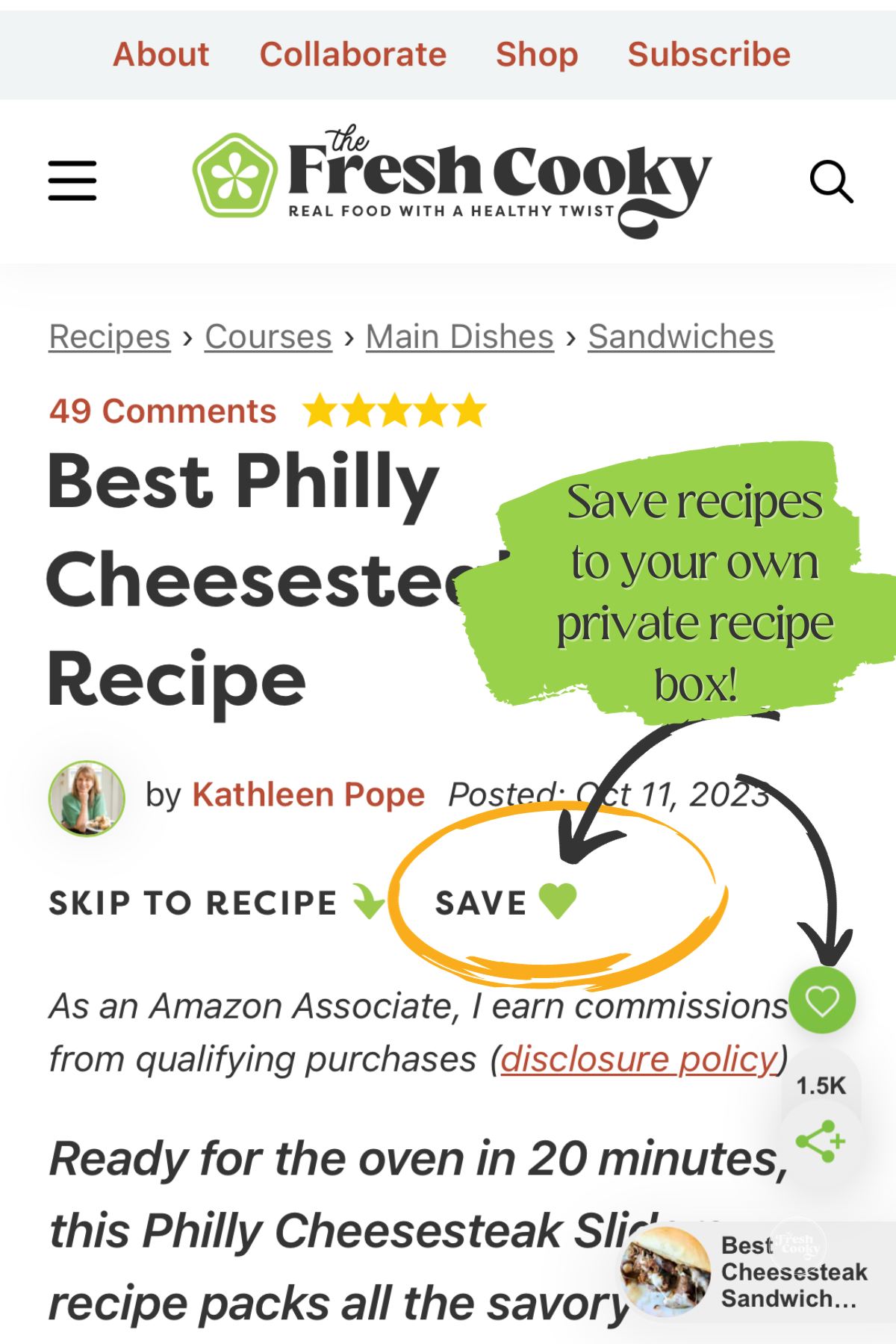 How to save a recipe, screenshot of a recipe page. 