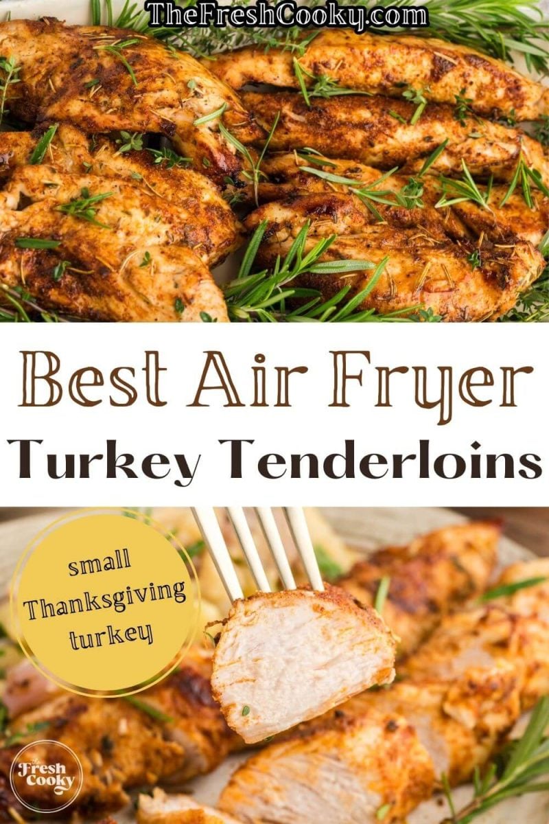 Best Air Fryer Turkey Tenderloins together on a platter and shown on a fork, to pin.