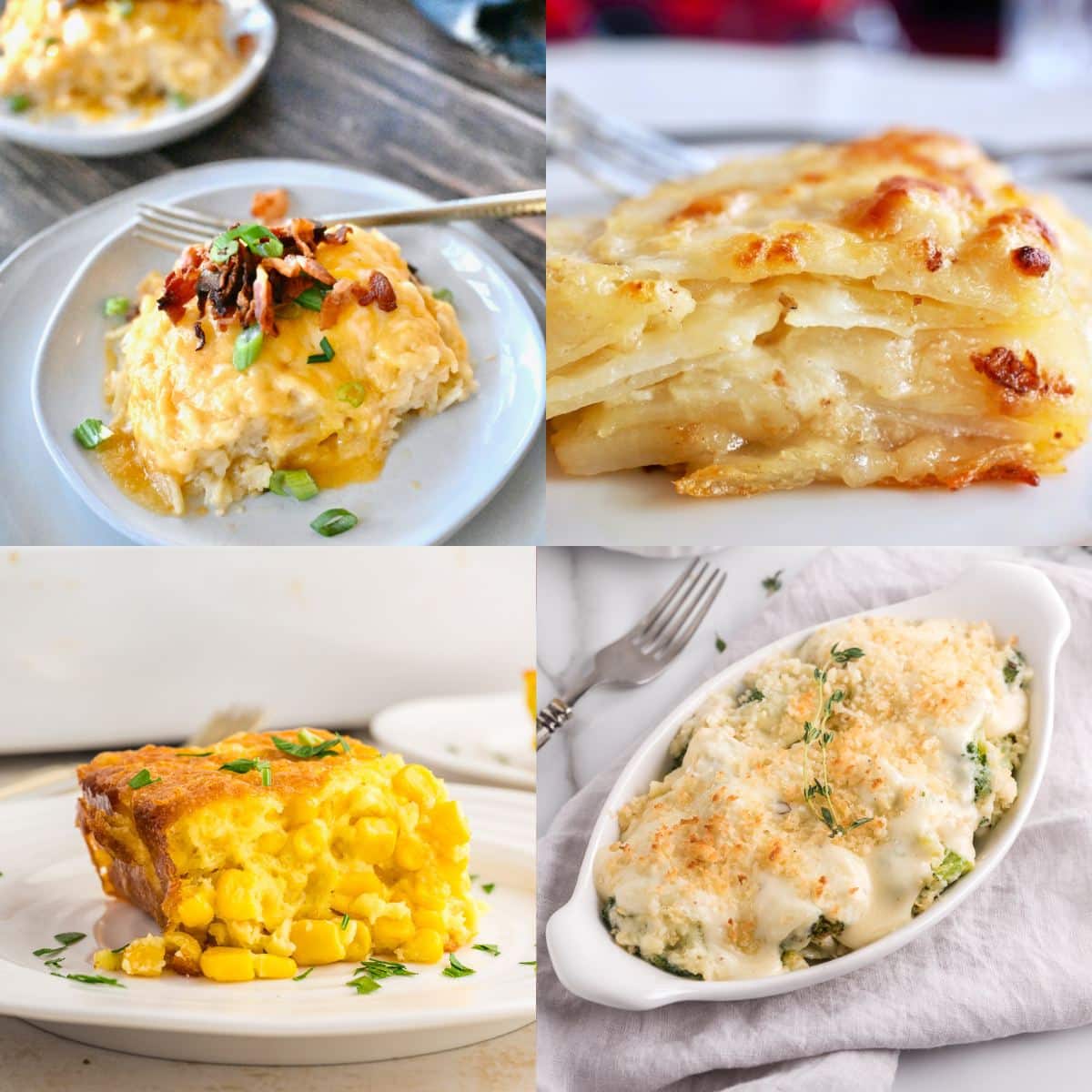 Hashbrown casserole, potatoes au gratin, corn pudding and broccoli gratin best sides for Thanksgiving and Christmas meals.