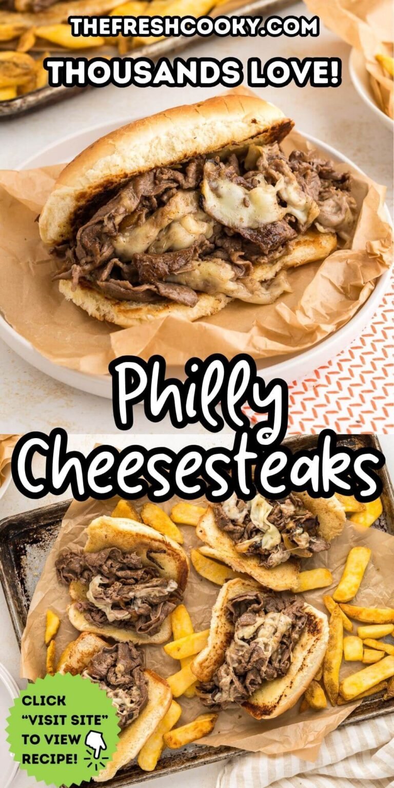 Philly cheesesteak sandwiches on a plate and on a sheet pan surrounded by steak fries.