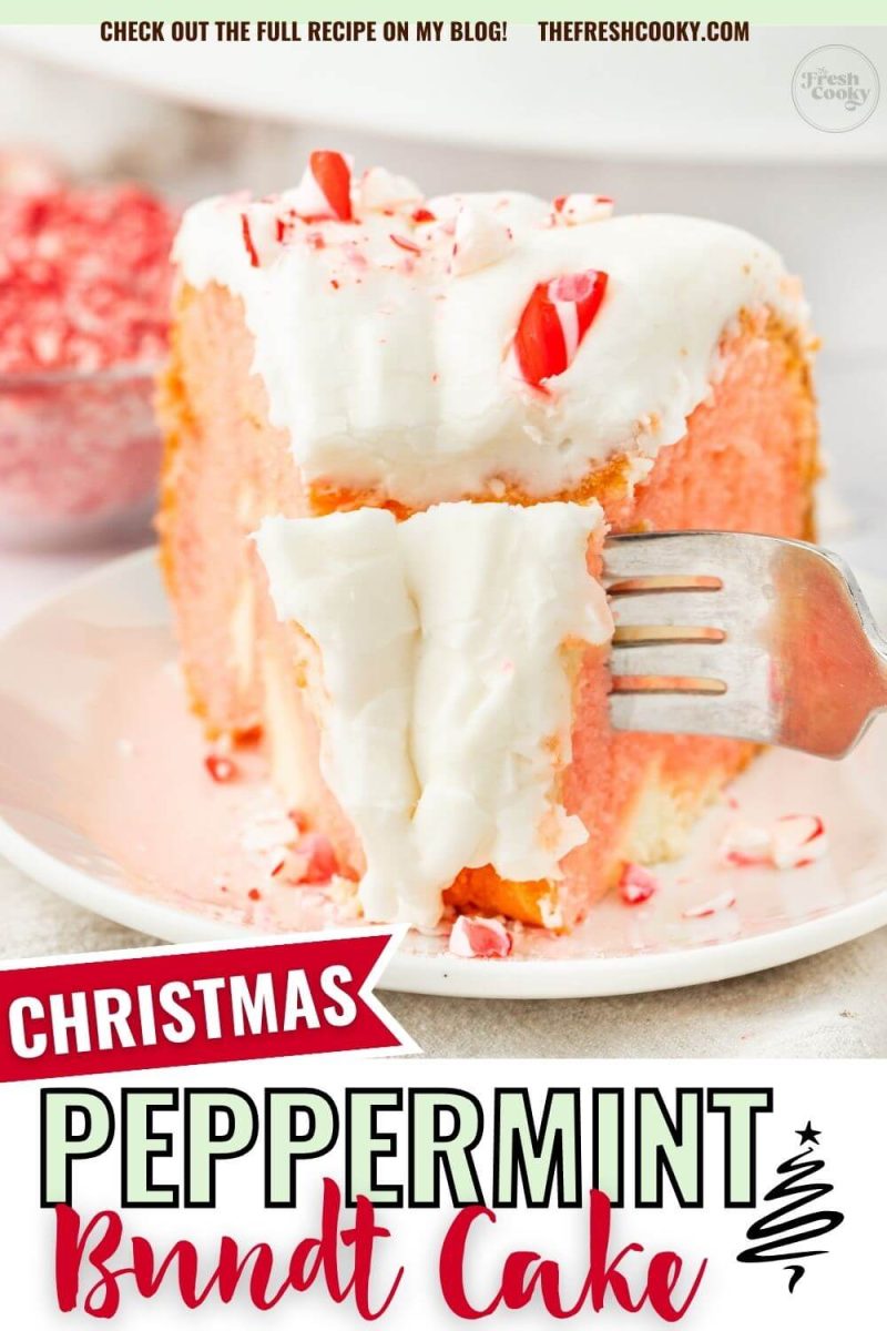 Taking a bite of Peppermint Bundt Cake with a fork, to pin.
