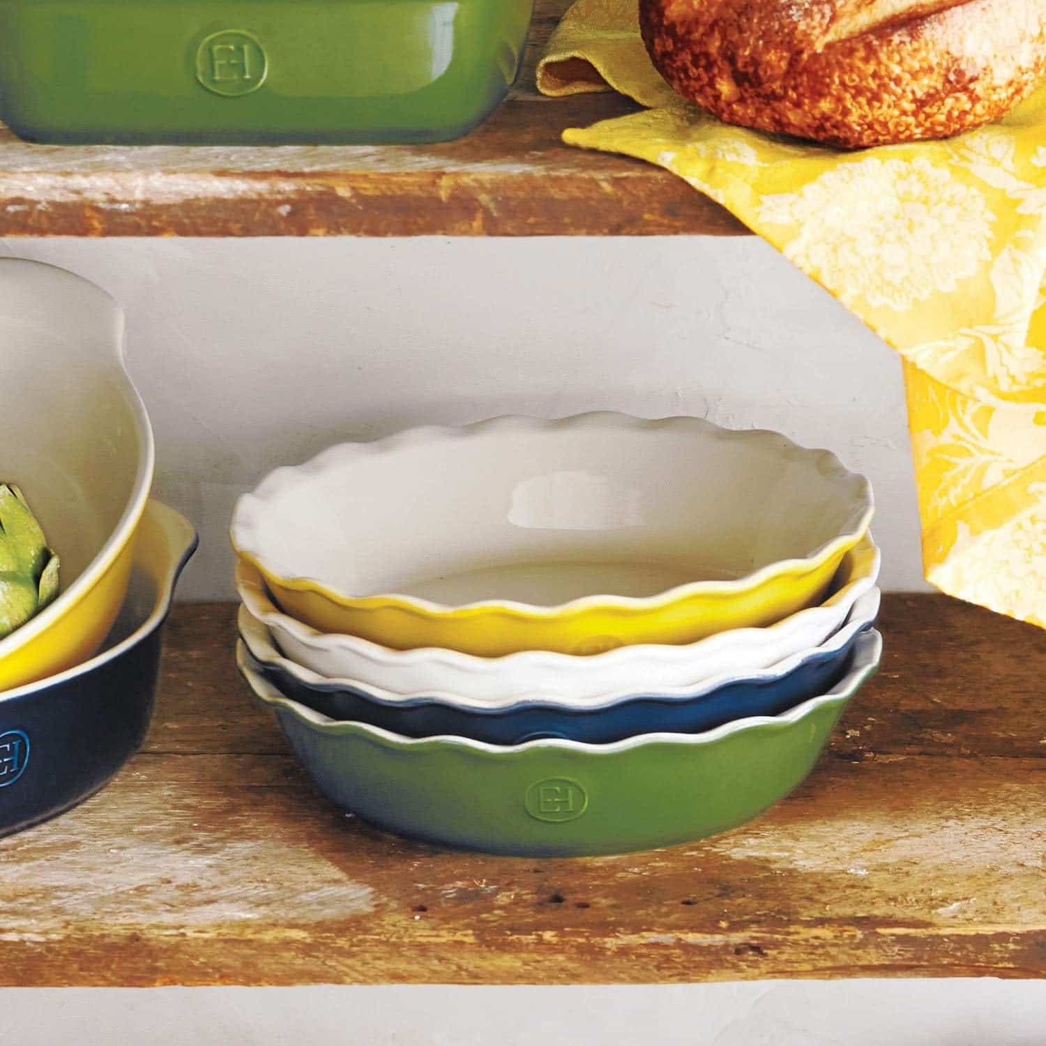 4 stacked Emile Henry pie dishes.
