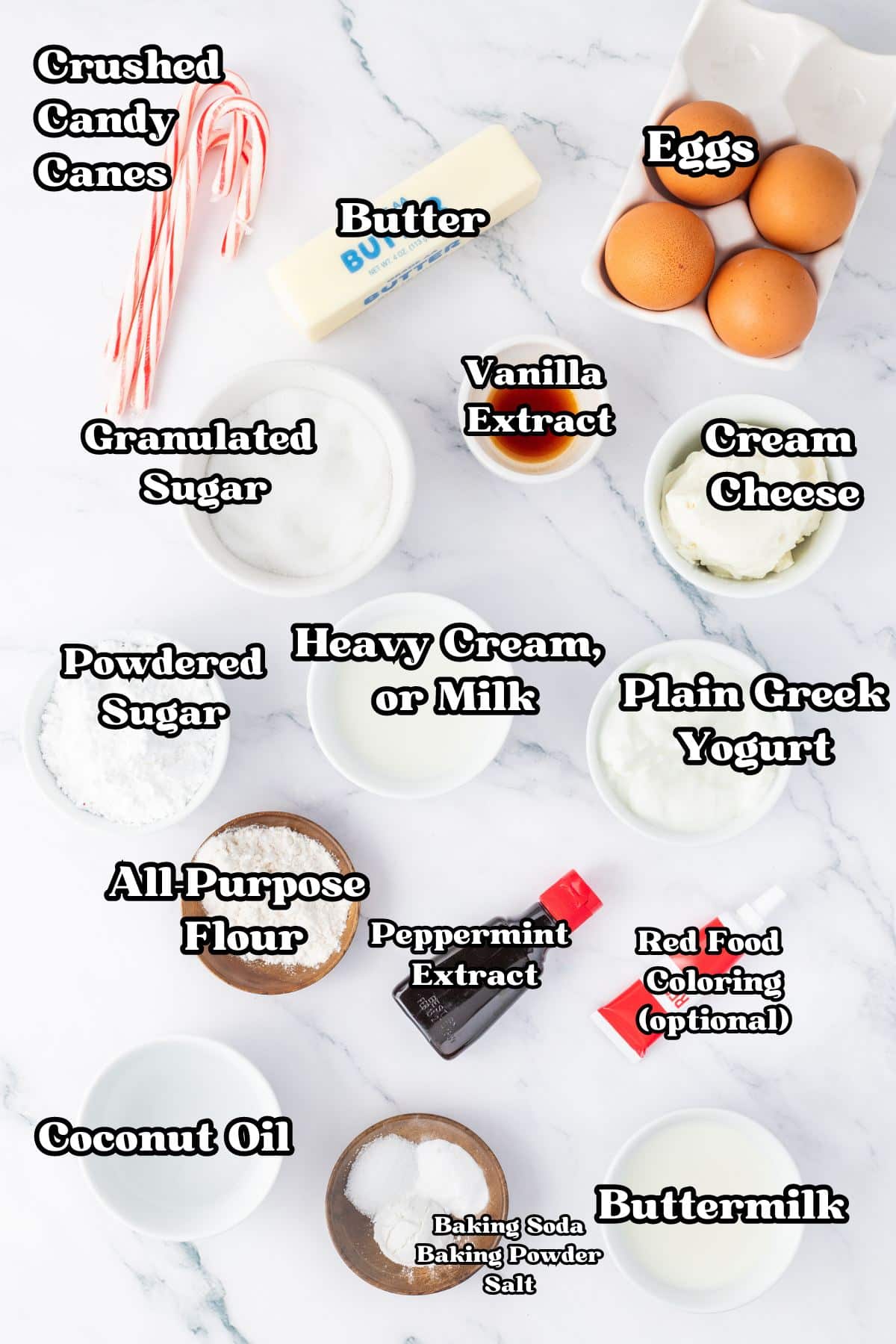 Labeled ingredients for cream cheese filled peppermint bundt cake. 