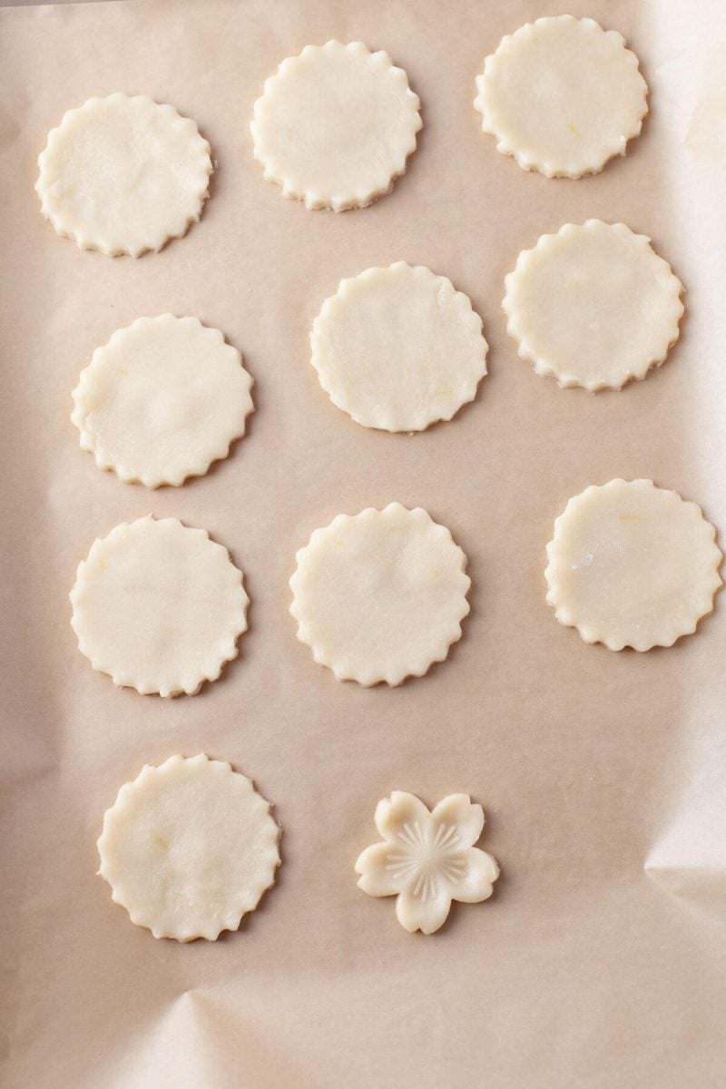 Cut out cookie dough shapes lay on parchment paper.
