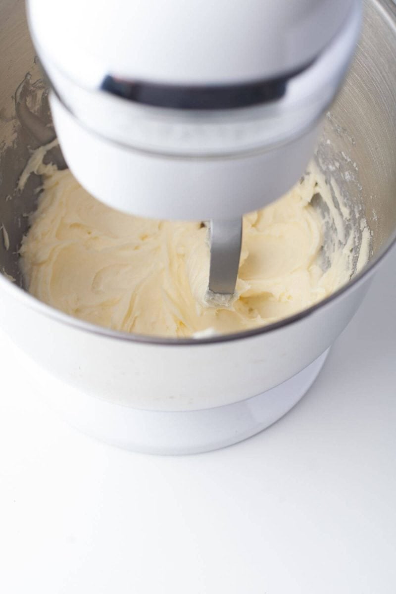 Creamed butter and powdered sugar in mixing bowl. 