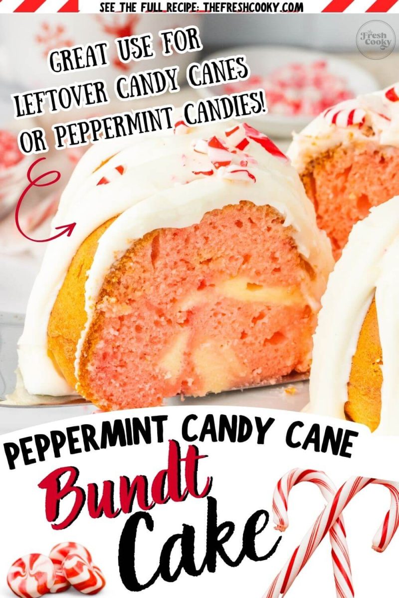 Peppermint Candy Cane Bundt Cake slice showing swirl, to pin.