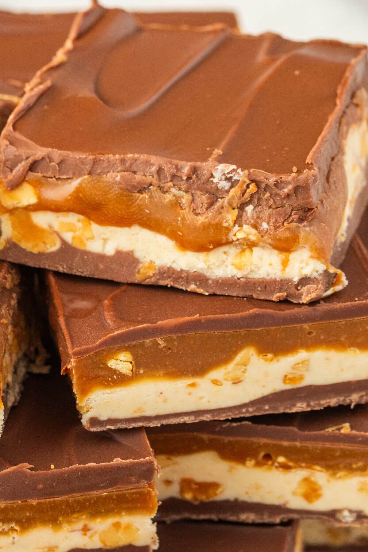 Candy fudge is shown close up in stacks.