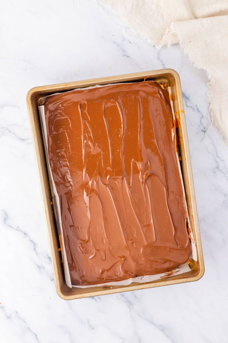 Spread chocolate evenly for the final layer and refrigerate or freeze. 