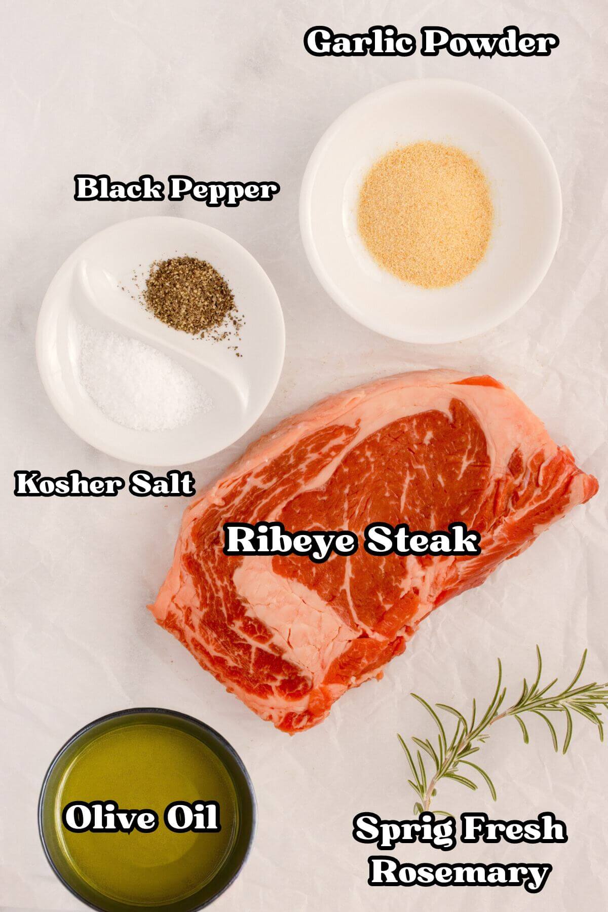 Labeled ingredients for sous vide ribeye steak. 