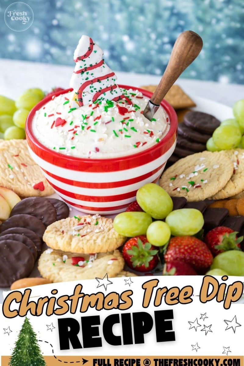 Bowl of dip in center of platter with cookies, fruit, chocolate dippers, to pin.