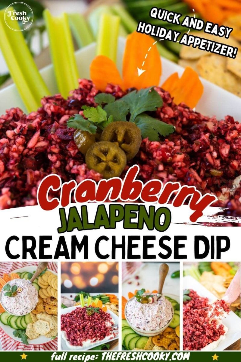Cranberry dip is shown served mixed together and also with cranberries on top, to pin.