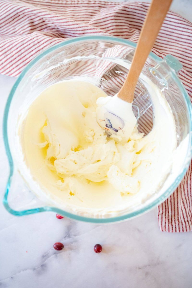 Whipped cream cheese in mixing bowl. 
