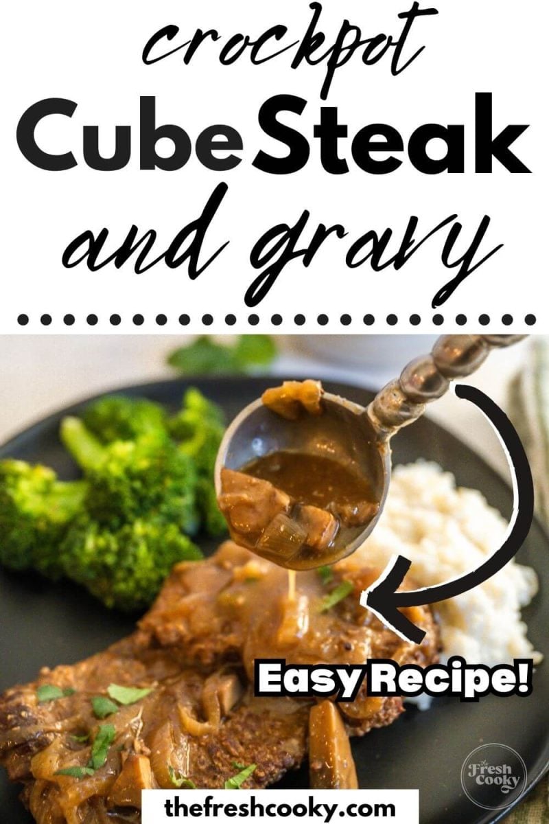 A spoon pours some gravy over cube steak on plate, to pin.