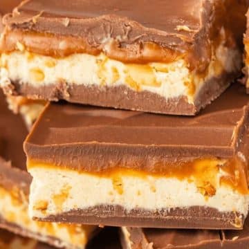 Pieces of fudge are stacked and layers are shown up close.