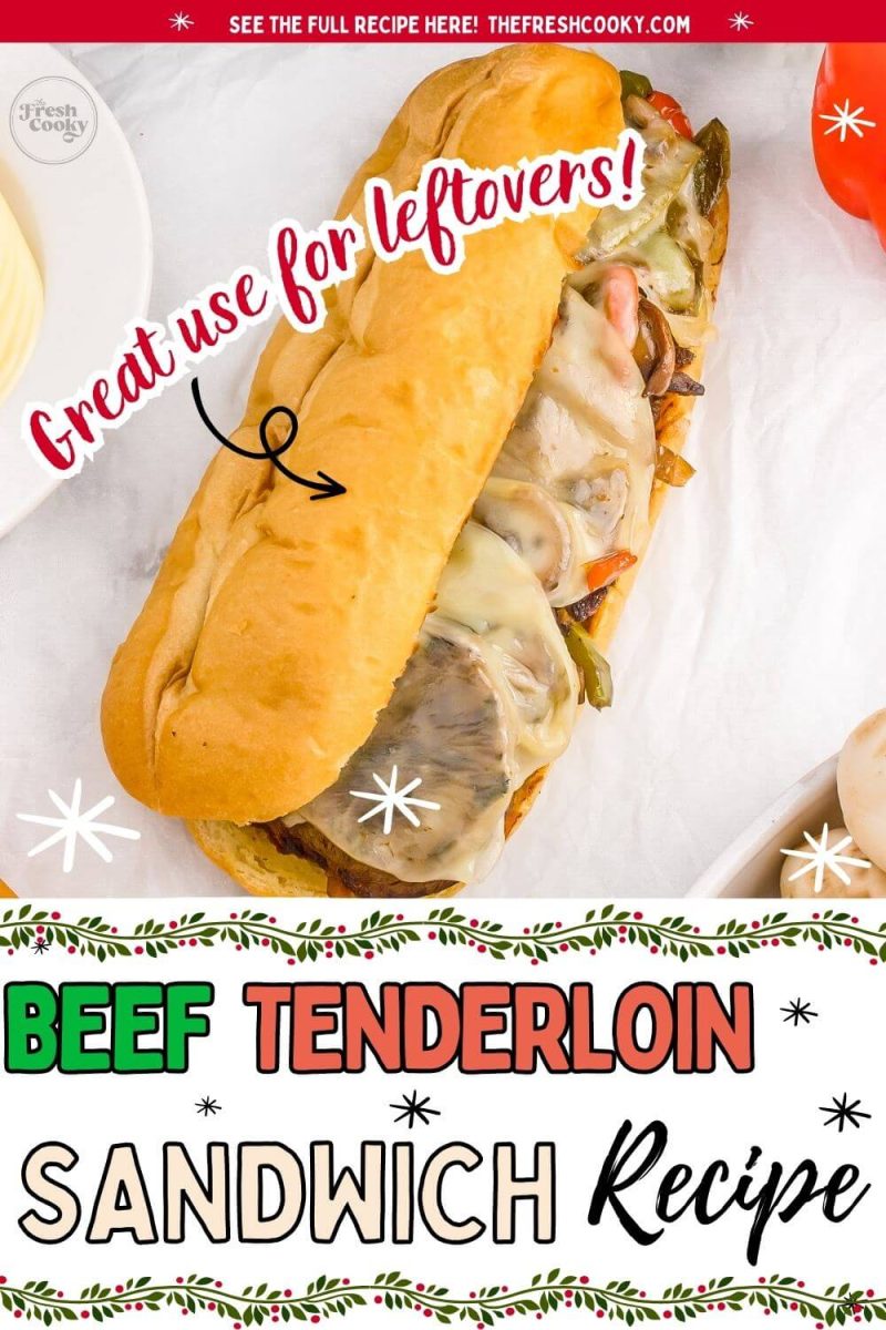 Long tenderloin sandwich shows cheese, beef, and veggies inside to pin.