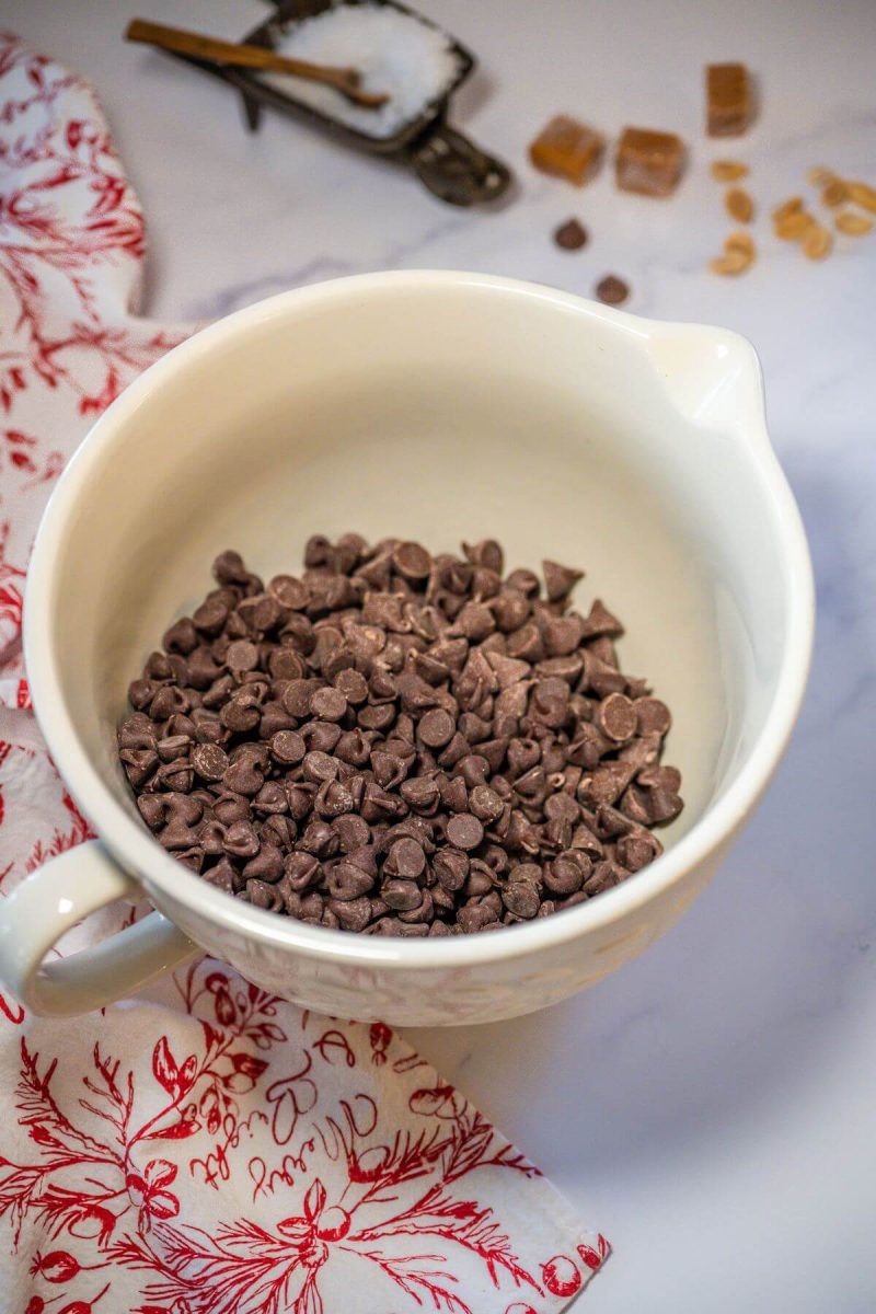 A mixing bowl is full of chocolate chips.