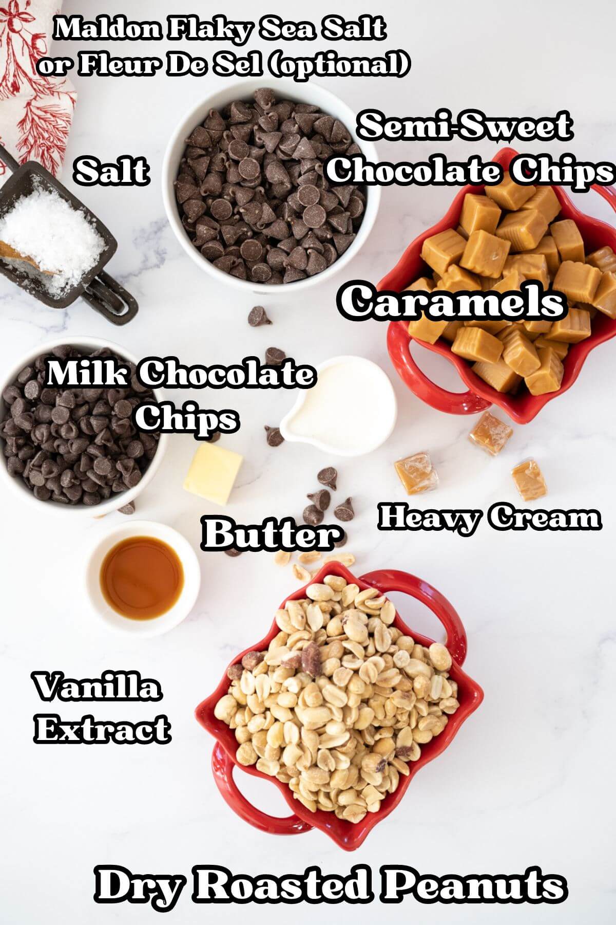 Chocolate Caramel Peanut Clusters Recipe labeled ingredients.