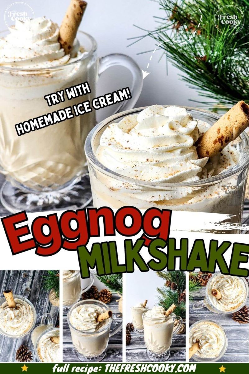 Glasses of eggnog milkshake are shown in various angles, to pin.