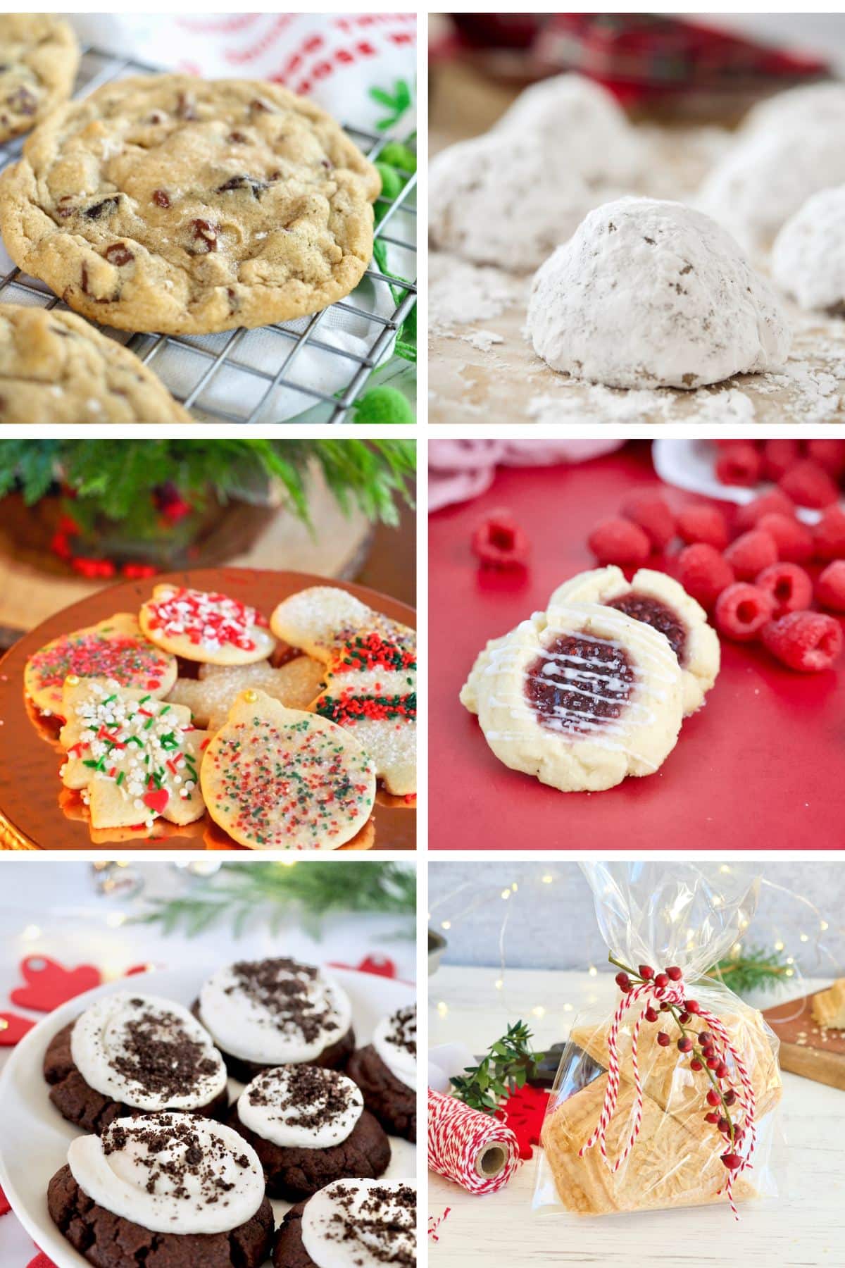 Favorite Christmas Cookies, Chewy Chocolate Chip, Pfeffernusse, cut out cookies, Raspberry thumbprints, Oreo Crumbl and Christmas shortbread.