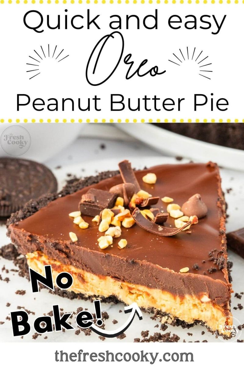 A piece of pie is topped with chocolate shavings, peanuts, and Oreos, to pin.