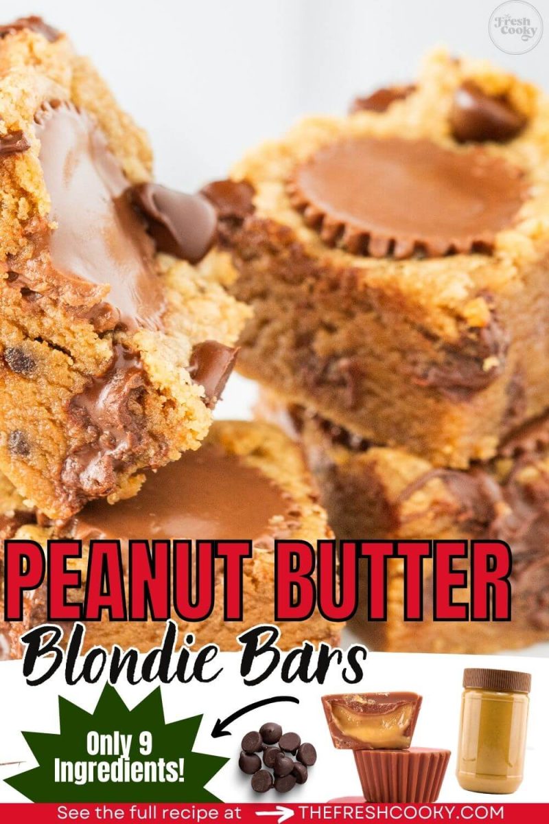 Four blondie bars are shown up close with nice chocolate views, to pin.