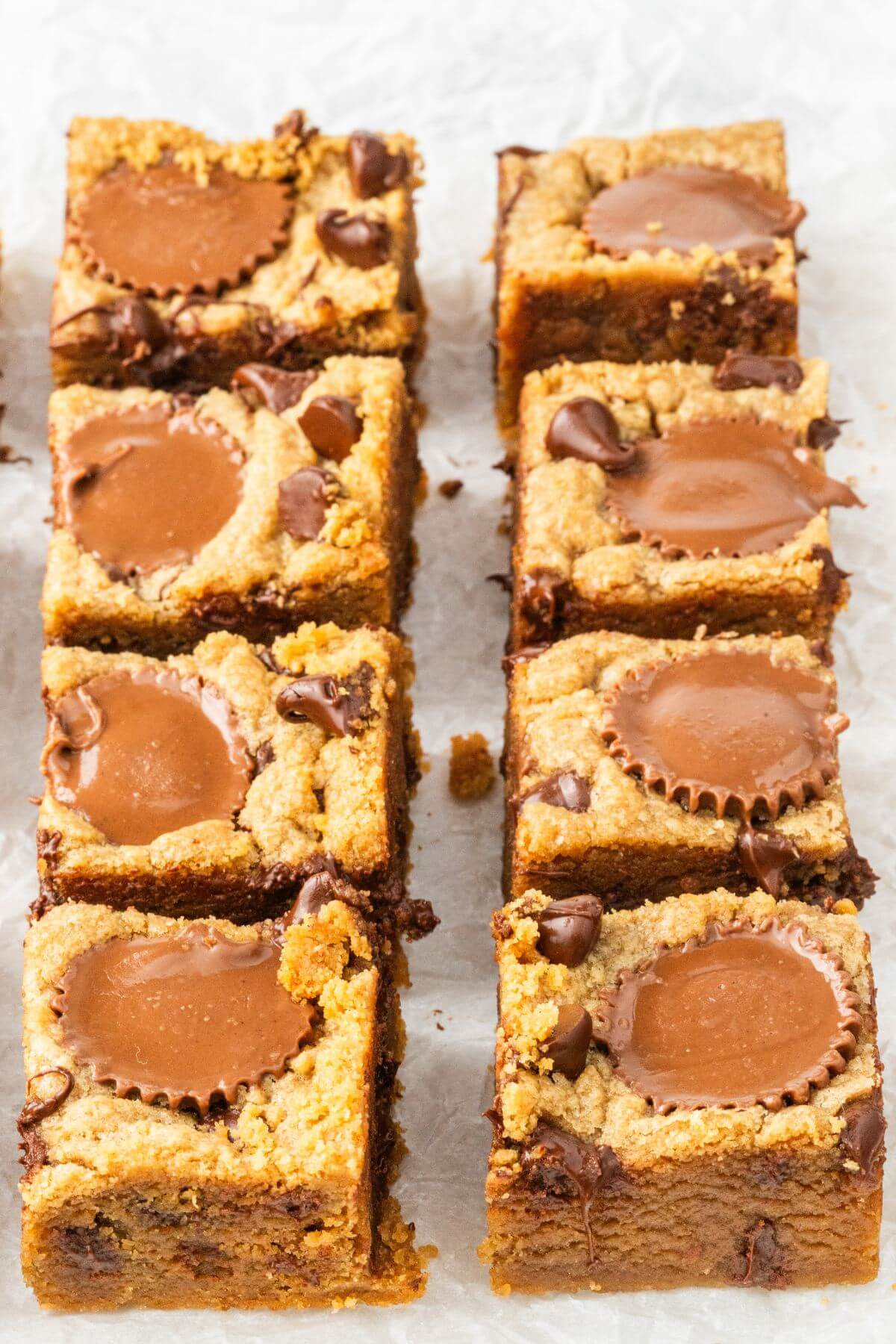 Two vertical rows of blondies lay on table.