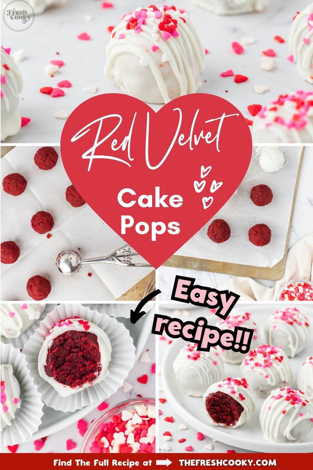 Cake pops are shown in various stages of development, on baking sheets, on plates and cupcake holders, to pin.
