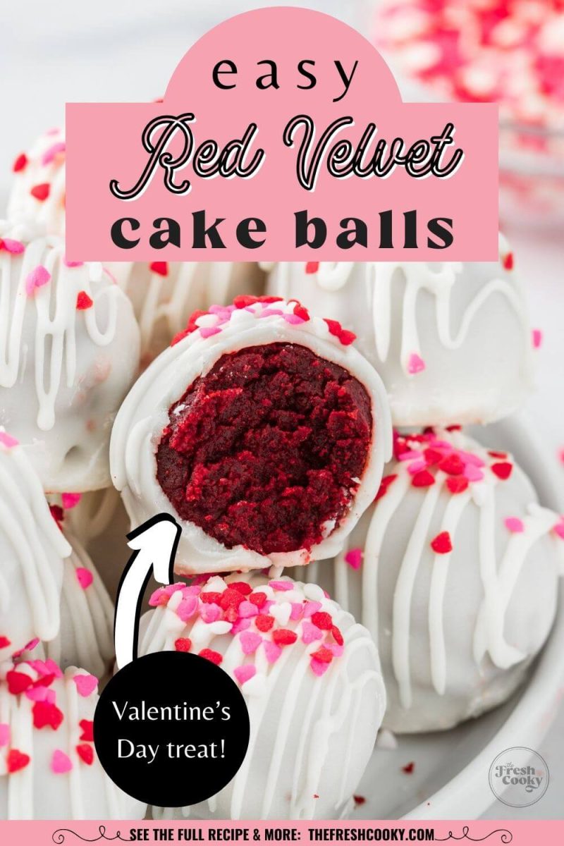 A red centered cake pop peeks out of pile of white iced cake pops, to pin.