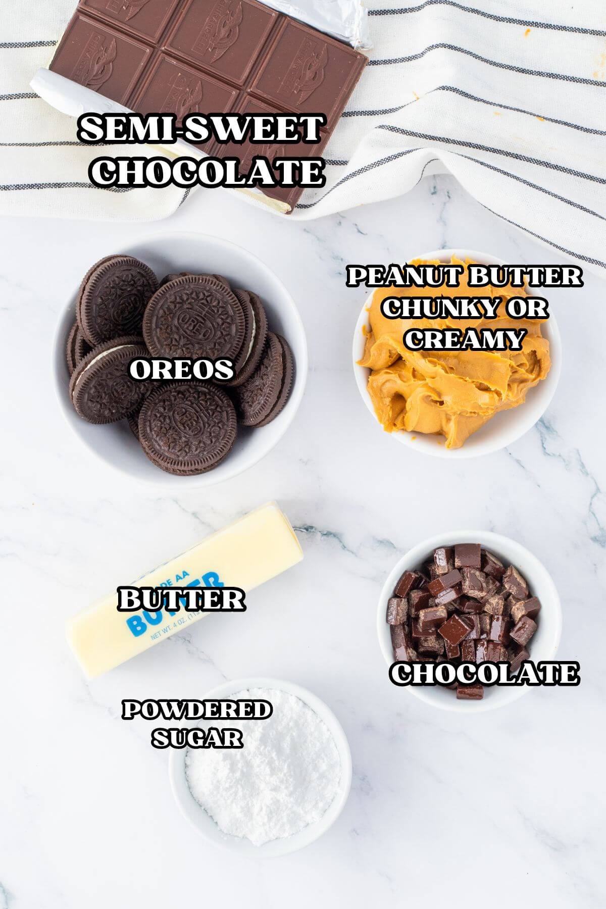 Labeled ingredients for peanut butter pie with Oreo crust.