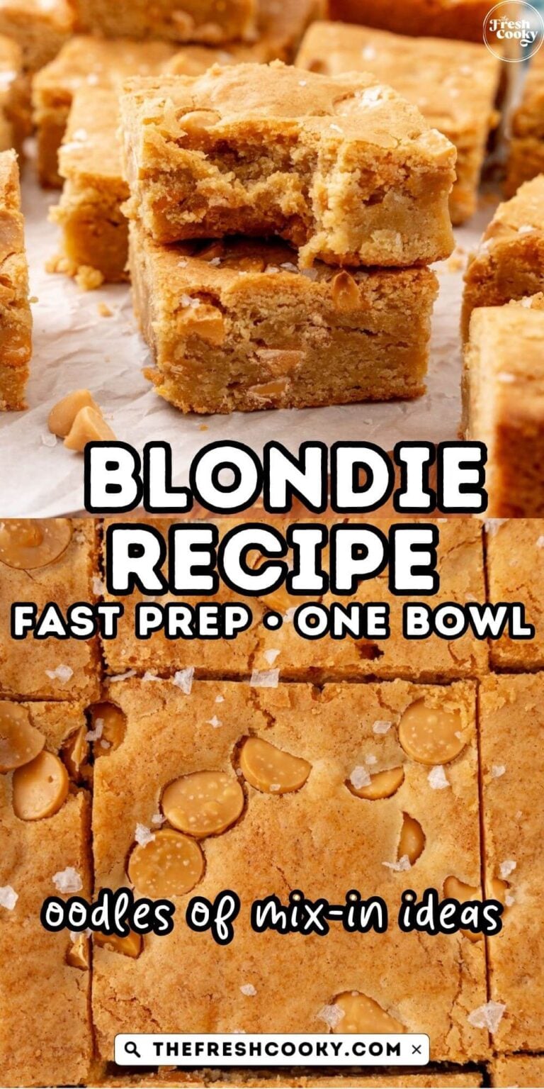 A blondie with butterscotch chips around it and blondies cut into squares, topped with flaky sea salt.
