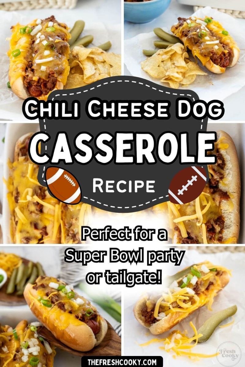 Multiple views of single topped chili dogs show pickles, onions, and shredded cheese, to pin.