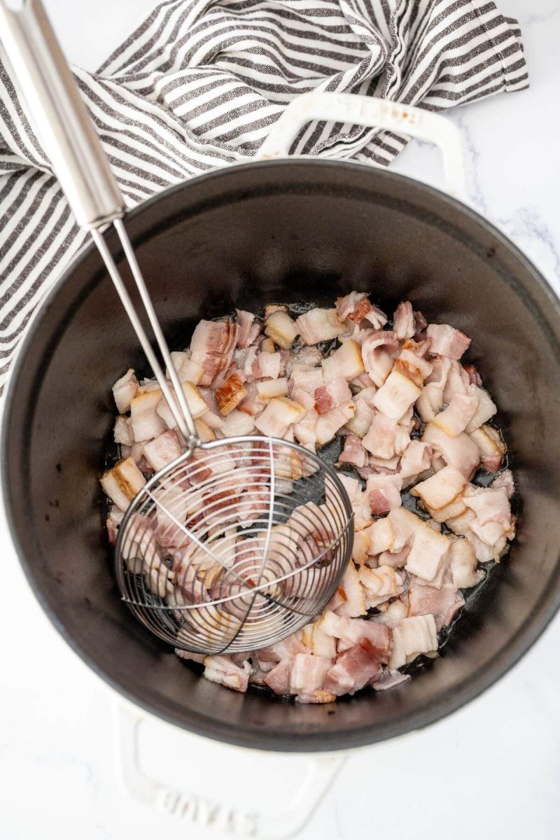 Raw bacon chunks are in an empty large pot with slotted spoon.