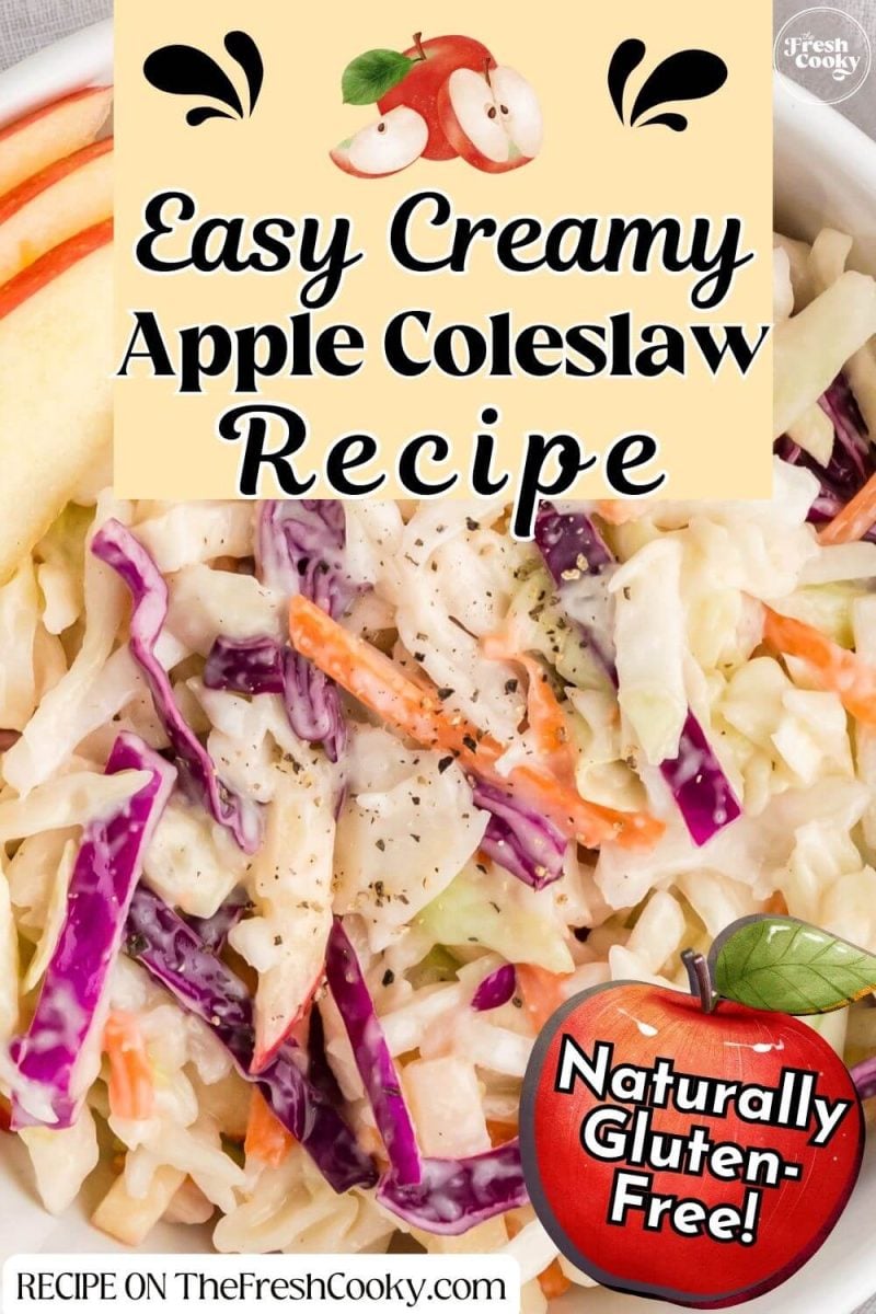 Crisp cabbage, carrot, and apple are shown in close view of coleslaw, to pin.