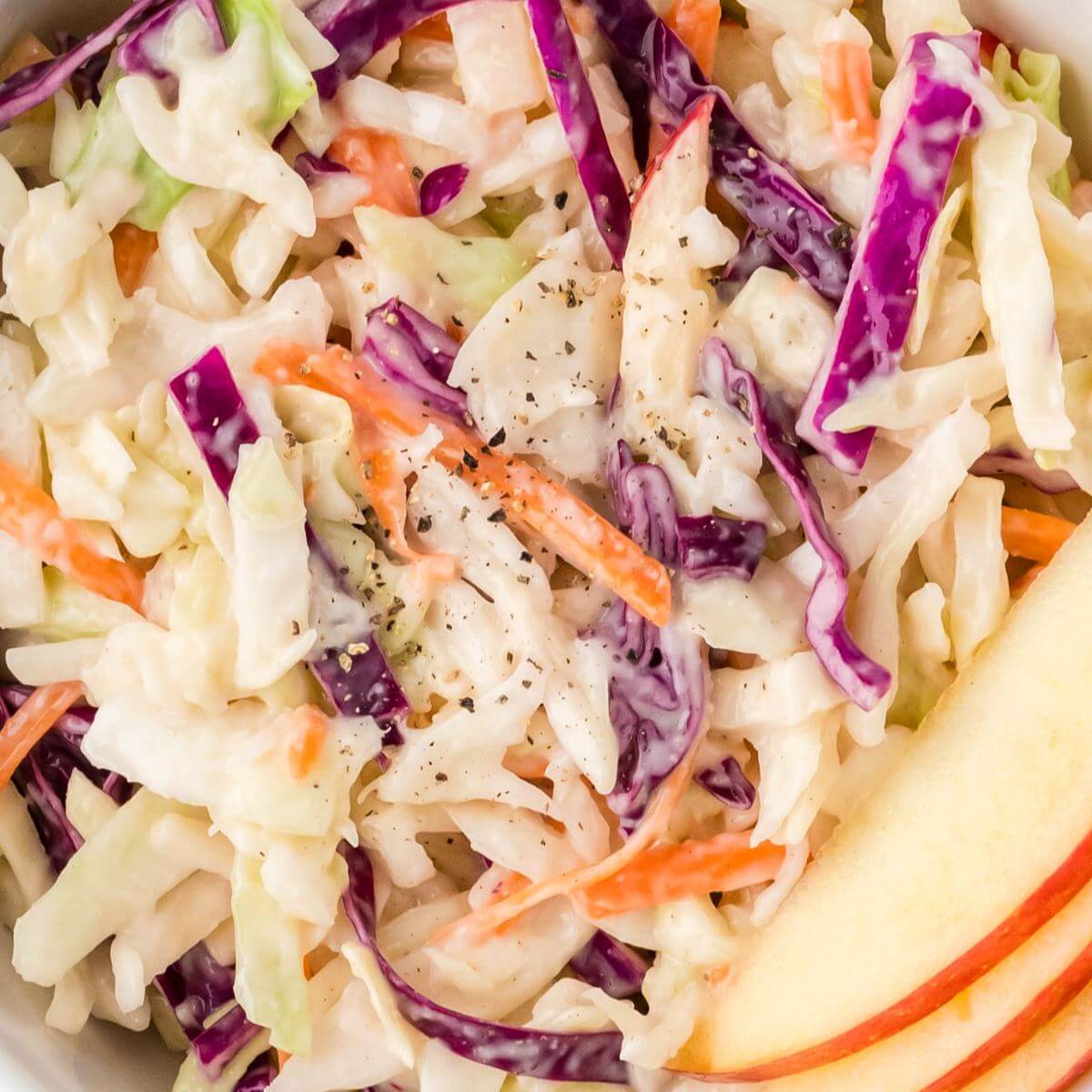 Apple slices and crisp coleslaw mix are shown up close.