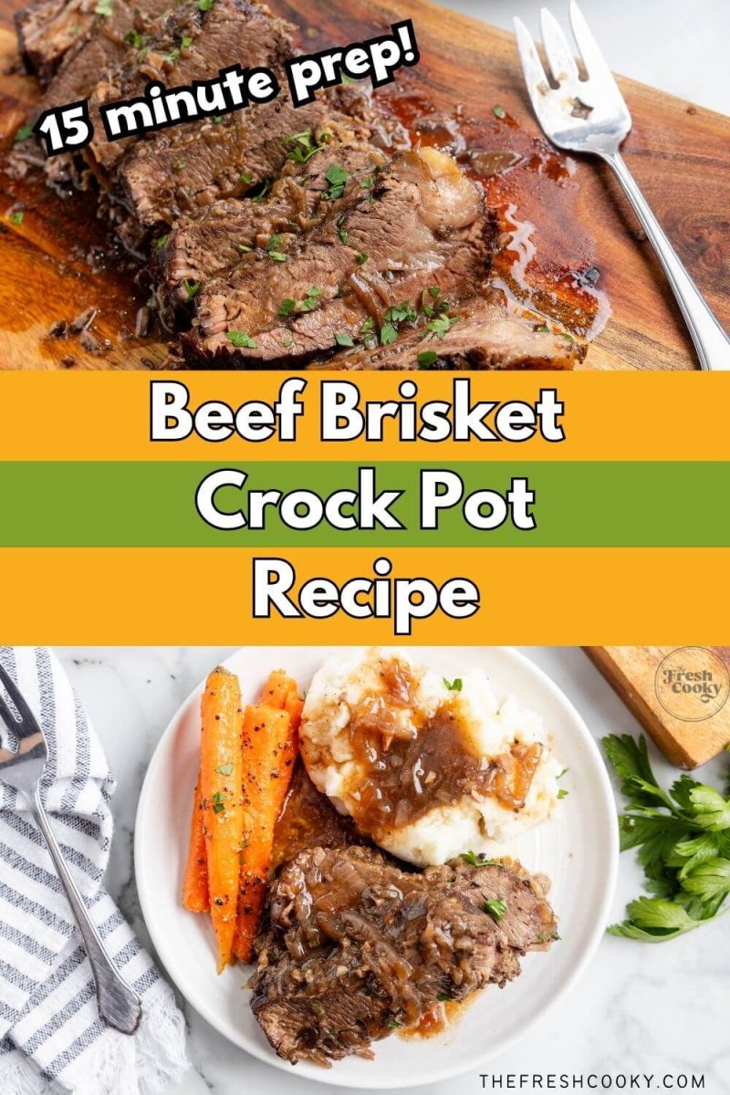 Cooked and garnished brisket is served with mashed potatoes and carrots, to pin.