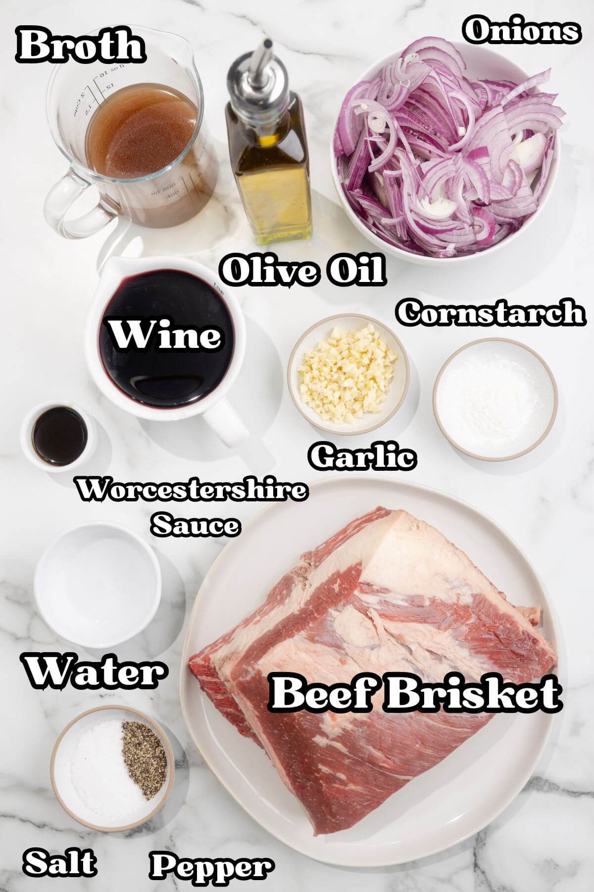 Crock Pot Beef Brisket Recipe labeled ingredients.