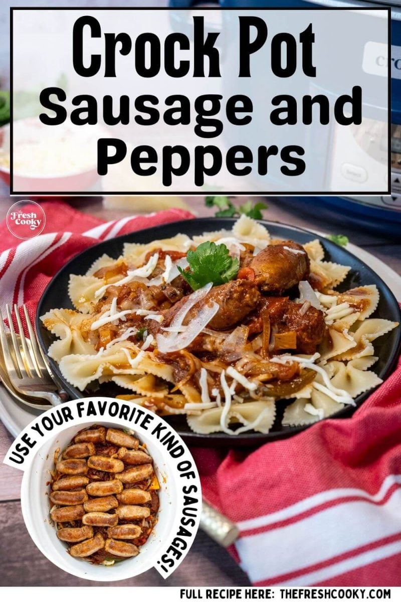 A plate with bowtie pasta is covered in sausage and pepper mix, to pin.