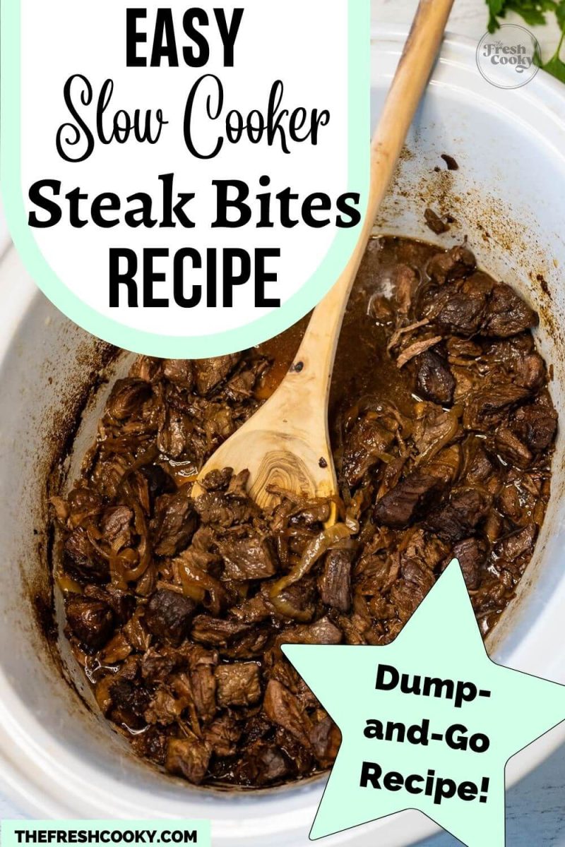 A wooden spoon stirs a crock pot full of steak and sauce, to pin.