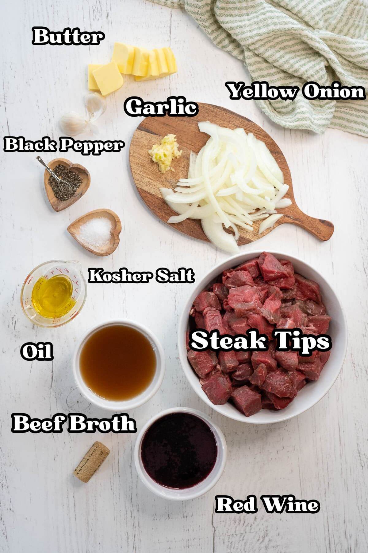 Crock Pot Steak Bites Recipe labeled ingredients.